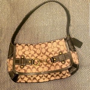 Coach shoulder bag black leather trim brown